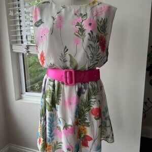 ALICE & OLIVIA Garden Party Print Silk Party Dress w. Pink Belt Size Medium